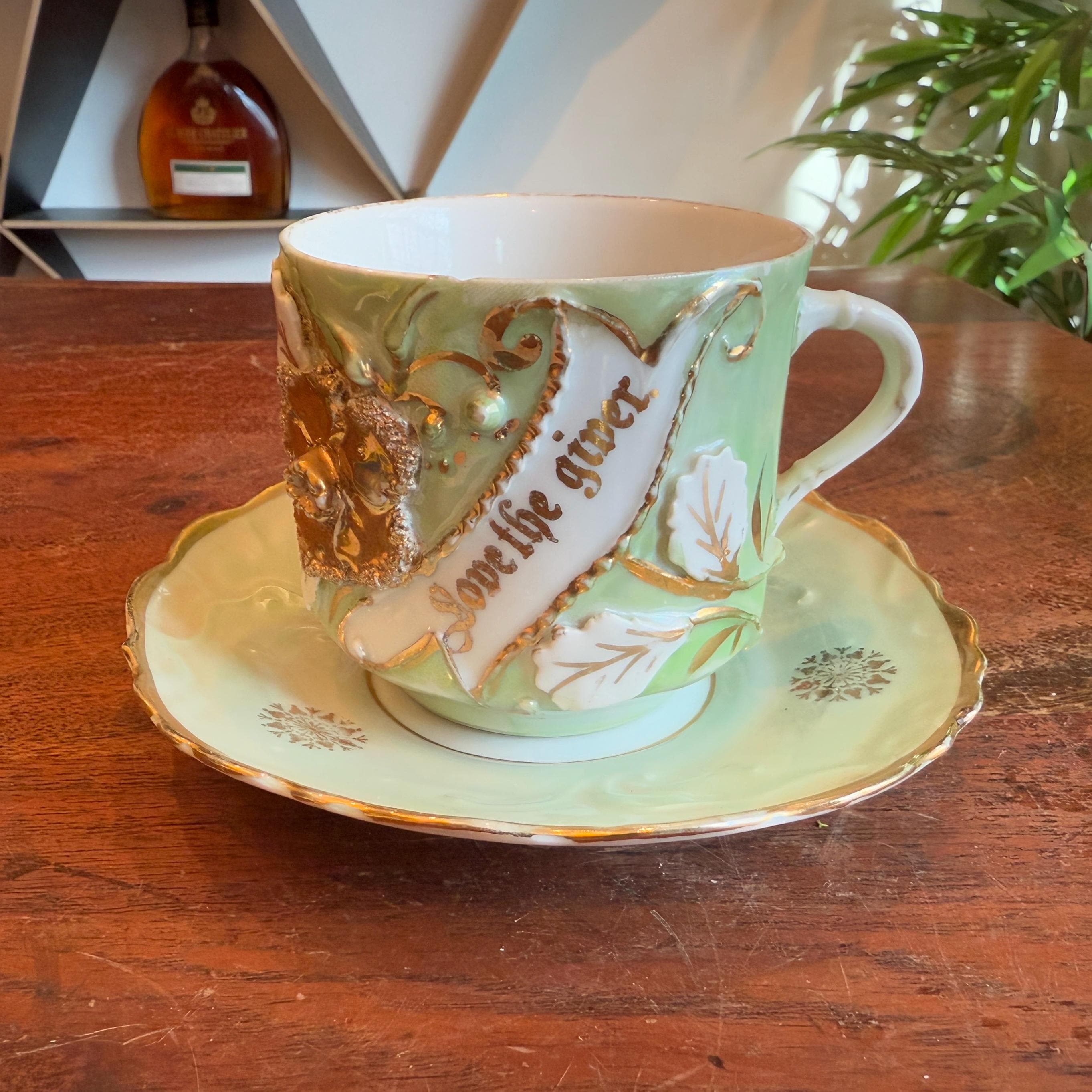 Antique German Souvenir Love the Giver Mint Green and Gilt Gold 8