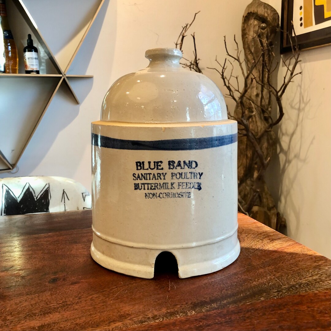 Antique Blue Band Stoneware Pottery Sanitary Poultry Buttermilk Feeder