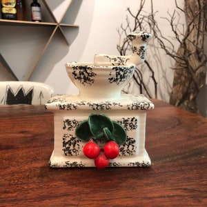 Mid Century Ceramic Coffee Grinder with Cherries Upright Flower Pot / Wall Pocket by Jans of California - Vintage Coffee Mill Planter
