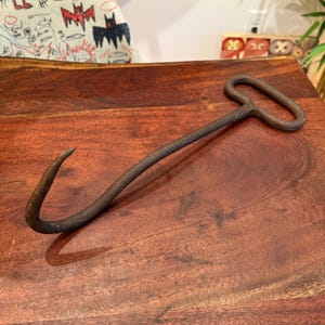 Antique Forged Solid Iron Hay Bale Hook - Vintage Farm Implement Farming Tool - Rustic Country Farmhouse Decor
