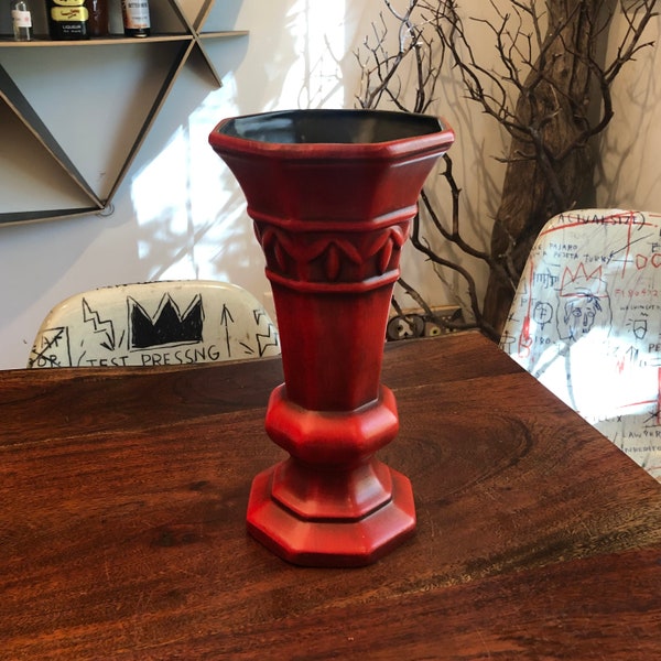 Vintage 1970's Royal Haegar USA Antique Red Ceramic Pottery Vase - 12" tall - Christmas Decoration Valentine's Day Home Decor