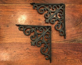 Set of 2 Vintage Large Solid Iron Ornate Black Wall Shelf Brackets - Bookshelf Supports - Black Home Decor - 9-7/8" long Shelving Brackets