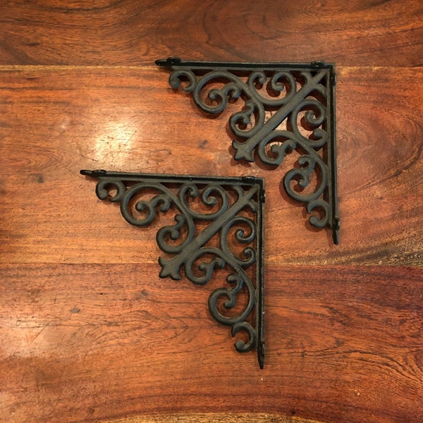 Set of 2 Vintage Large Solid Iron Ornate Black Wall Shelf Brackets - Bookshelf Supports - Black Home Decor - 9-7/8" long Shelving Brackets