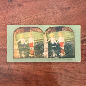 Antique c. 1899 Oh! It&#39;s So Cold Young Children Swimming Stereoscope Photograph Card Sun Sculpture by Underwood & Underwood Publishers