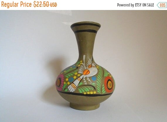 Sale Vintage Mexican Hand Painted Clay Vase With Pigeons Etsy