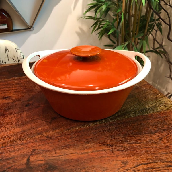 Mid Century Modern Danish Copco Dutch Oven Modern Burnt Orange & White Enamel on Iron Casserole Baking Dish - Scandinavian Kitchen Decor