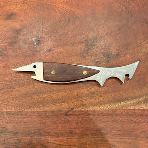 Mid Century Modern Multi-Functional Rosewood & Stainless Steel Swordfish Shaped Bar Tool - JAPAN - MCM Bottle Opener Can Tab Lifter Piercer