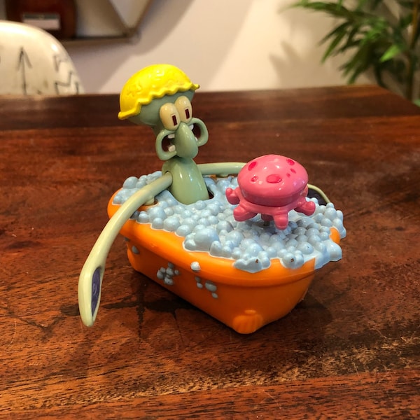 Vintage c. 2001 Spongebob Squarepants Squidward & Jellyfish Hard Plastic Rolling Toy from Burger King Retro Kid's Toy Children's Room Decor
