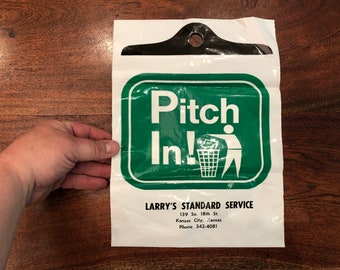 Vintage 1970's PITCH IN! Campaign Plastic Bag from Larry's Standard Service in Kansas City Kansas - Vintage Pitch In Pop Art Decor