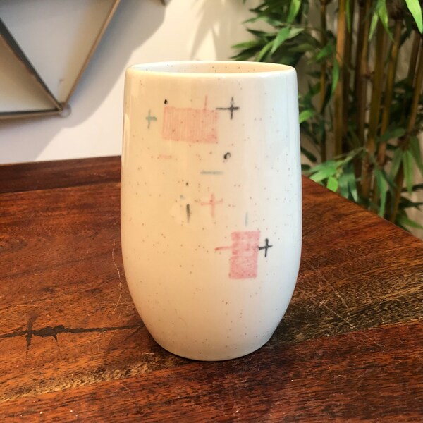 Mid Century Modern 1950's Vernonware Tickled Pink 14 oz. Ceramic Pottery Tumbler - MCM Mod 50's Kitchen Decor Tableware Drinking Glass Cup