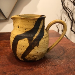 Vintage c. 1981 Signed Yellow & Brown Small Stoneware Pottery Pitcher by Toni - 1980's Bohemian Boho Kitchen Home Decor - Large Creamer