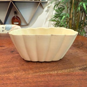 Puede incluir: Un cuenco color crema con borde festoneado. El cuenco tiene un diseño geométrico acanalado y está hecho de un material mate. El cuenco está sobre una superficie de madera. El cuenco es un objeto decorativo.