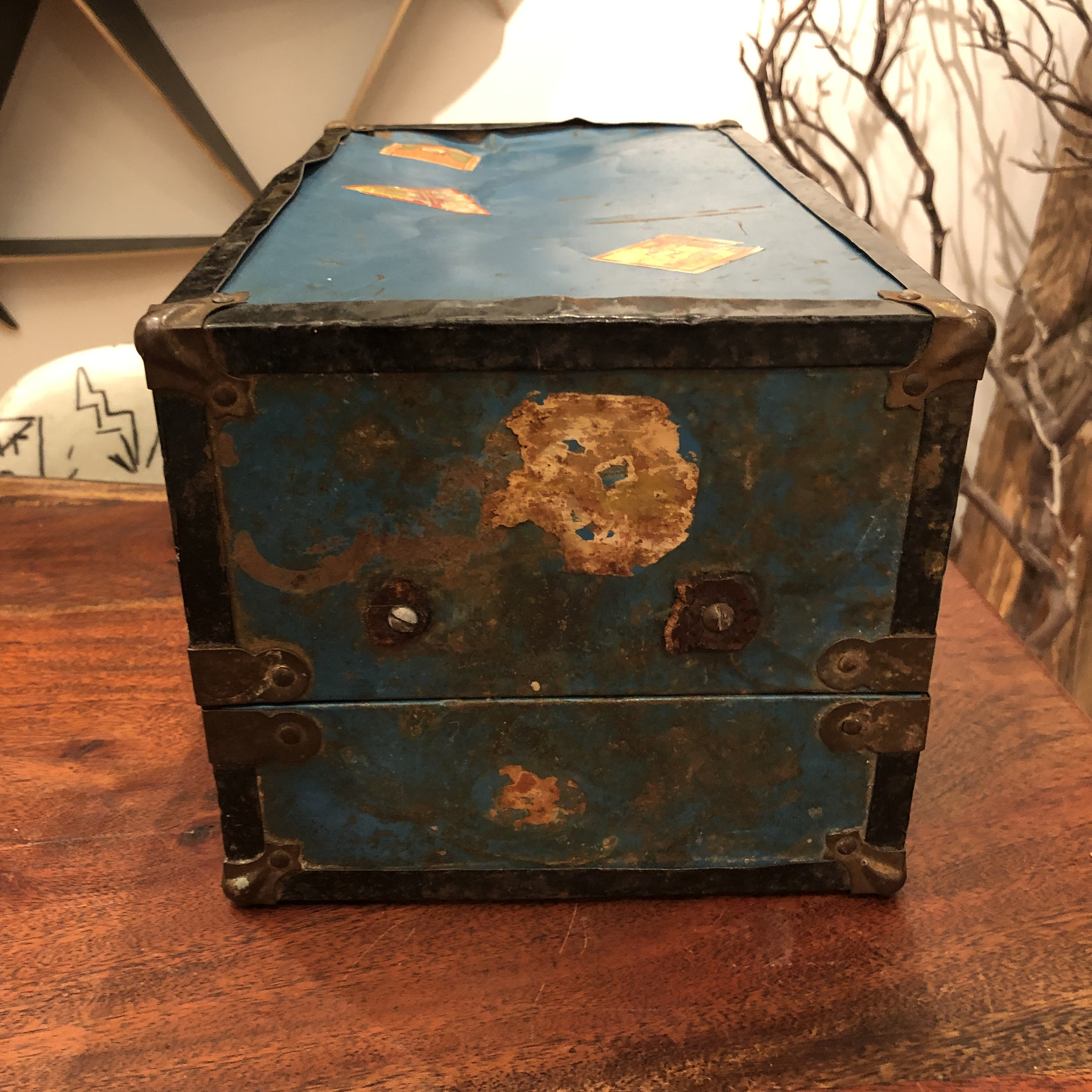 Vintage 1940's Blue Metal and Wood Blue Doll Steamer Trunk