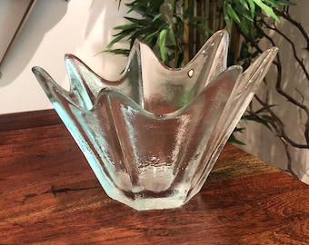 Vintage Blenko Clear Textured Glass Seven Point Centerpiece Bowl - Small Mid Century Art Glass Fruit Bowl / Trinket Dish