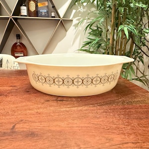 Vintage 1960's Pyrex by Corning No. 045 Milk Glass Olive Medallion 12.75" Casserole 2.5 Quart Baking Dish  Mid Century 60's Kitchen Bakeware