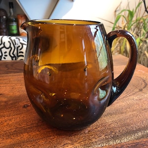 Mid Century Hand Blown Bischoff Amber Pinched Glass Pitcher with Pontil - Vintage Brown Glass Jug