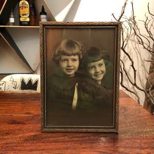 Antique 1920's Two Sister Girls Black & White Photograph in Pressed Wood Silver Picture Wall Frame - Vintage Art Deco Photo Frame Home Decor