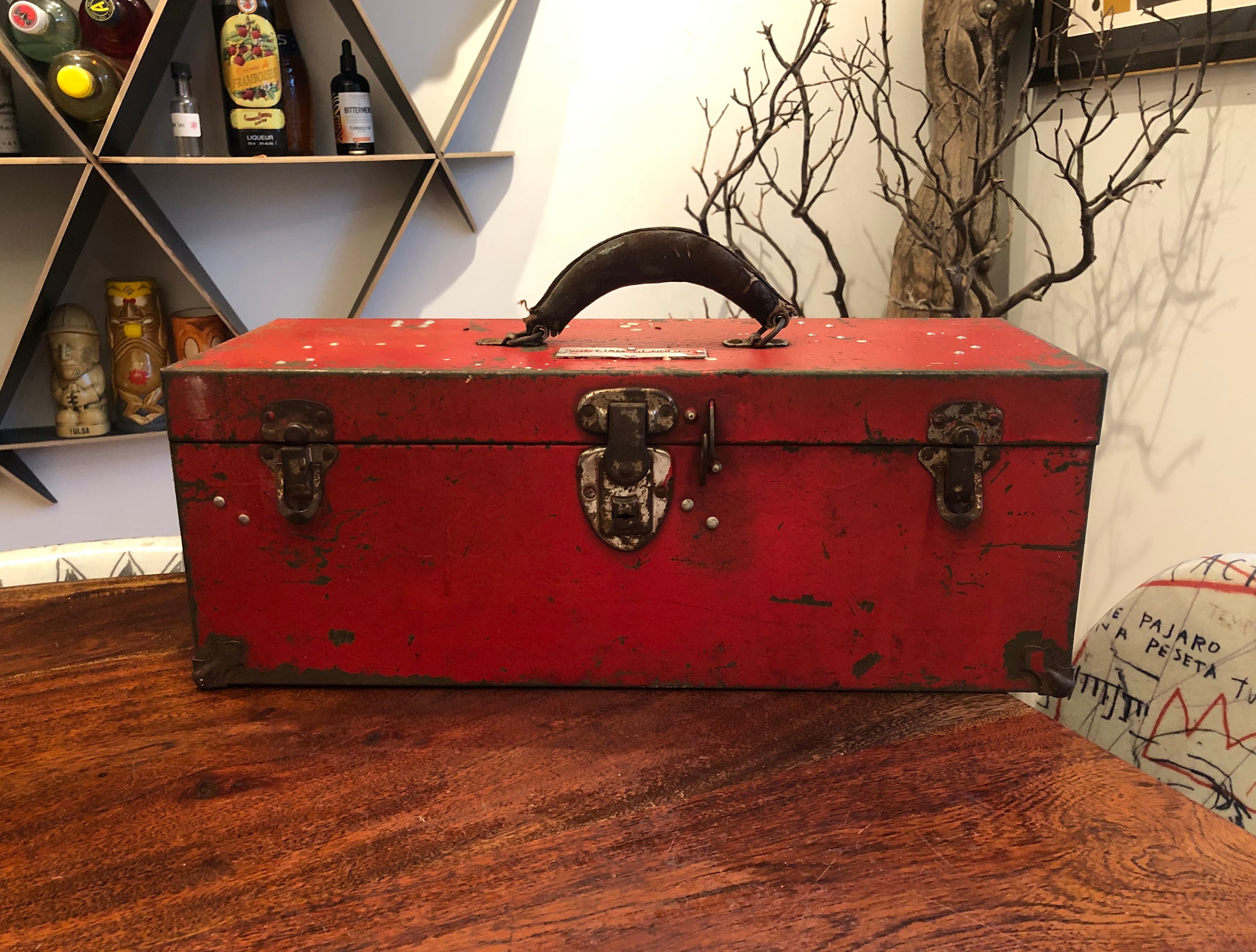 Mid Century Weathered Red Steel Tool Box With Leather Handle