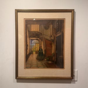 Antique 1920s Hand Signed by Dutch Artist Albert Geudens & Numbered 121/350 Etching of Victorian Woman at Staircase Matted in Wooden Frame