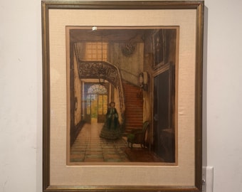 Antique 1920s Hand Signed by Dutch Artist Albert Geudens & Numbered 121/350 Etching of Victorian Woman at Staircase Matted in Wooden Frame