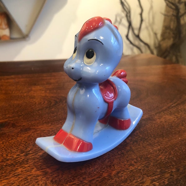 Vintage 1960's Blue & Red Rocking Horse Baby Rattle - Mid Century Baby's Room Decor - 1960s Baby Toy - Vintage 60's Nursery Decor