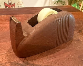 Antique 1938 Art Deco Scotch Brand Cast Iron Crinkle Textured Cellophane Tape Dispenser with Whale Tale Design - 1930s 30s Craft Supplies