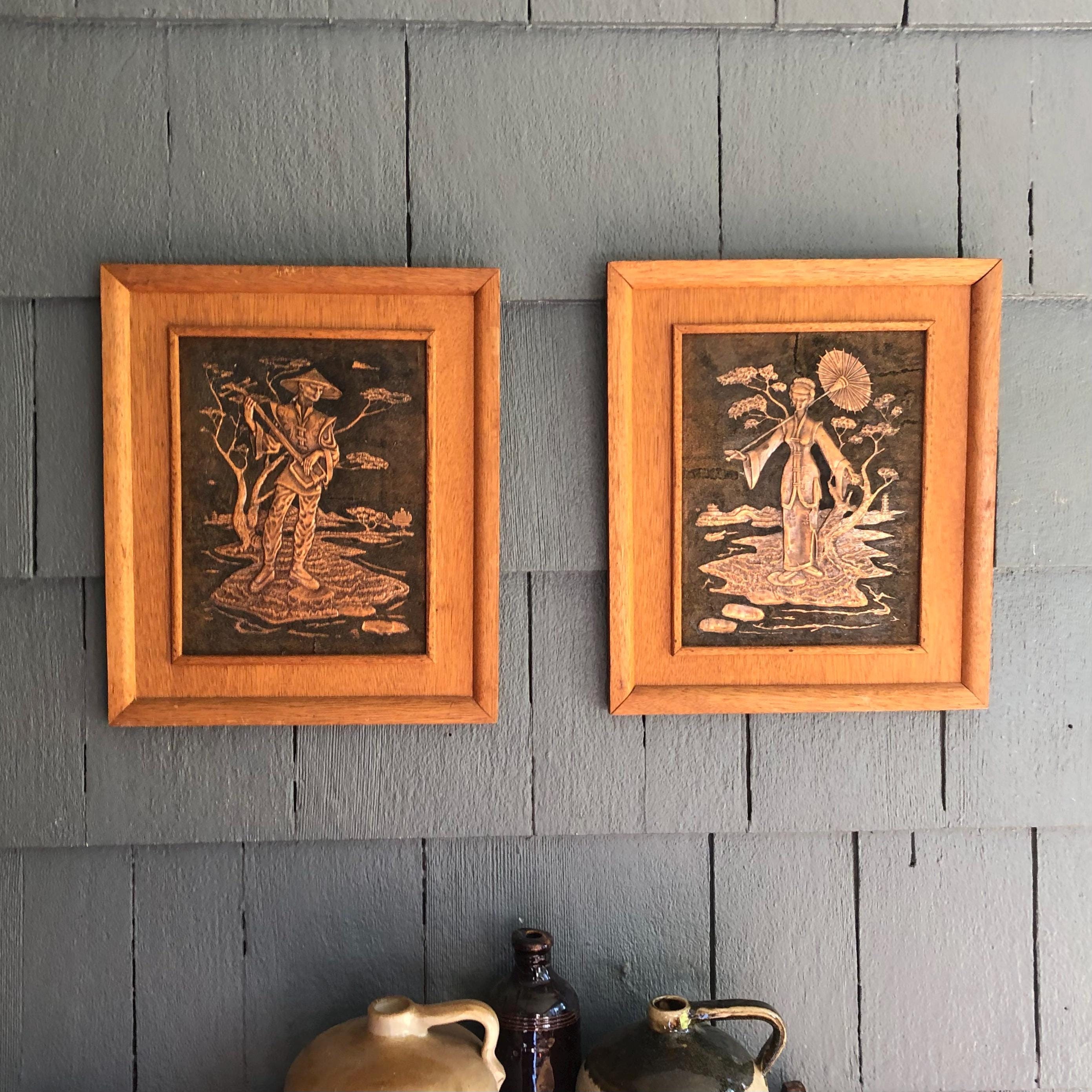 Mid Century 1950's Chinese Copper Relief Couple in Teak Frames