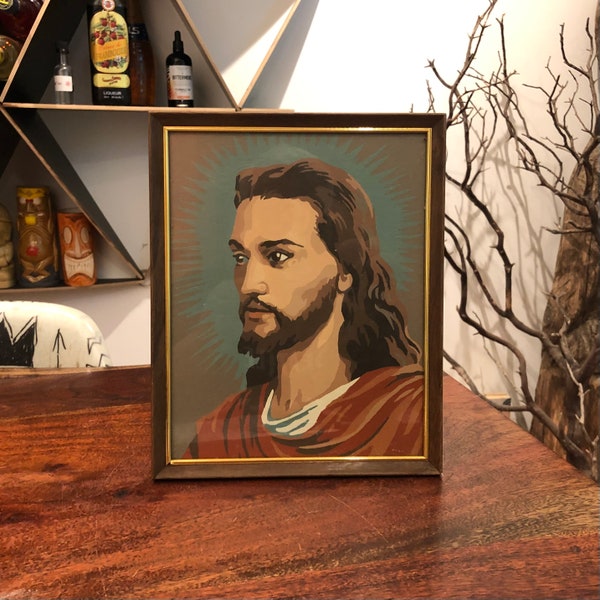 Mid Century Jesus Christ Paint-By-Numbers Acrylic Portrait in Frame Under Glass - 10.25" x 8.25" - Vintage Christian Religious Art Painting