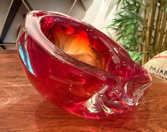 Mid Century Modern 1960s Italian Murano Red Geode Sommerso Pinched Thick Glass Ashtray by Fratelli Toso - Made in Italy - Crimson Bowl