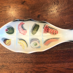 Mid Century Modern Glazed Ceramic Fish Shaped Graphic Appetizer Bowl / Condiment Bowl - Mid Century Bar Decor Seafood Restaurant Decor