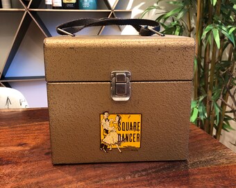 Vintage 1950's Bronze Color Metal Record Case for 7 Inch 45 Records with Square Dancer Decal - Vintage 50's Record Case Vinyl Record Holder