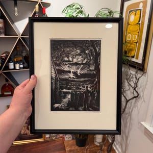 Stampa artistica incorniciata, xilografica, firmata e numerata, dell&#39;artista svedese Ben Albert Benson, metà secolo, &quot;Senza titolo&quot; - Famiglia di contadini al tramonto 42-65D