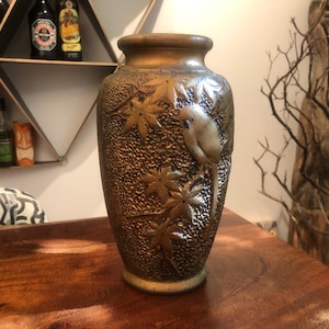 Antique Gold Ceramic 10.5" Vase with Cockatiel / Cockatoo Relief - Antique Japanese Vase - Antique Gold Vase - Antique Japanese Decor