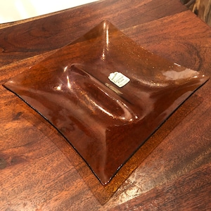 Mid Century Modern Handcrafted Amber Glass Divided Ashtray by Cathedral Glass of Terrace Ceramics - Zanesville Ohio - MCM Glass Ashtray