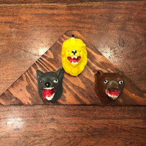 Mid Century Set of 3 BSA Boy Scouts of America Lion Wolf & Bear Badge Projects on Board Wall Hanging - Vintage Boy Scout Decor BSA Art