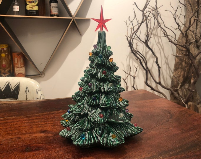 Vintage 1970's Ceramic 9.75 Tall Christmas Tree With Plastic Ornaments