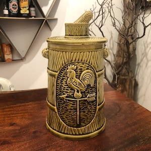 VIntage 1960&#39;s Olive Green Ceramic Butter Churn with Rooster Weather Vane Cookie Jar - JAPAN - Farmhouse Kitchen Decor - Rooster Decor