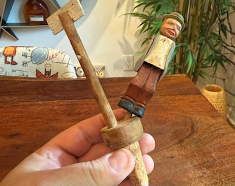 Mid Century German Hand Caved Drunk Man Wine / Bottle Stopper - Made in Germany - Vintage Barware Bar Tavern Pub Decor - NO ARMS