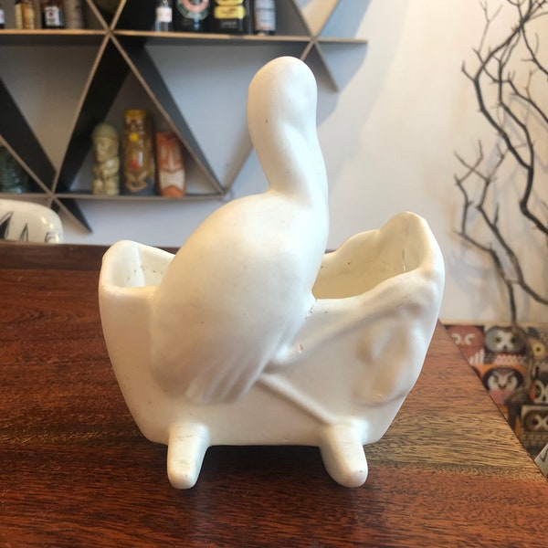 Mid Century 1960's Off White Haegar Pottery Stork with Baby & Cradle Flower Pot - Vintage Nursery Room Decor - Baby Shower Gift