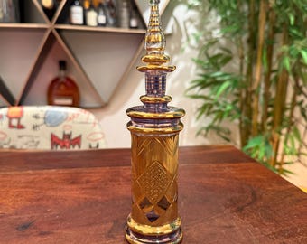 Vintage Egyptian Hand Blown Metallic Gold & Purple Perfume Bottle - Made in Egypt - Essential Oils Bottle - Hollywood Regency Decor