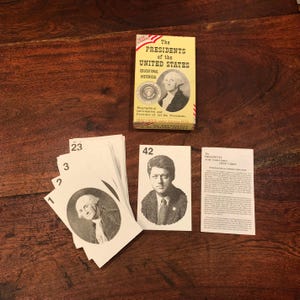 Tarjetas didácticas didácticas de los presidentes de los Estados Unidos, de estilo antiguo, de alrededor de 1989, en caja: Washington, Clinton