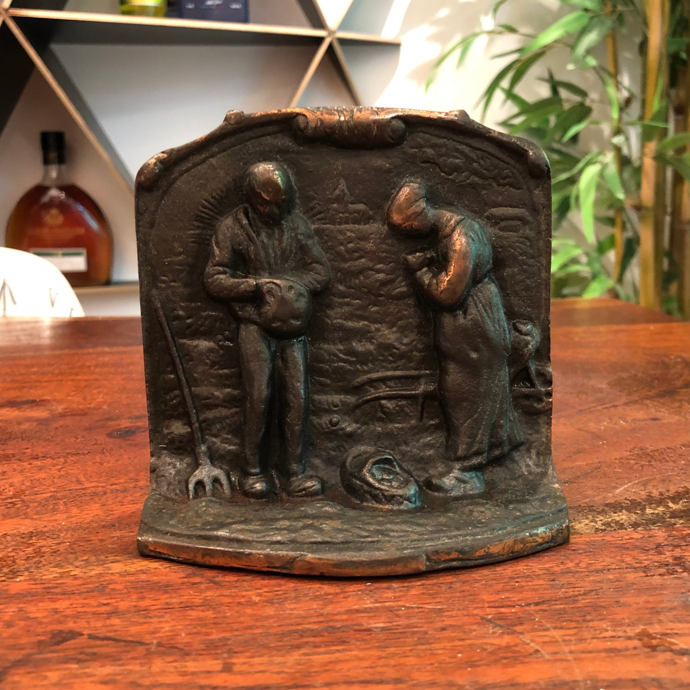 Antique 1920's the Angelus Copper Plated Iron Bookend Antique 1920's the Angelus Copper Plated Iron Bookend