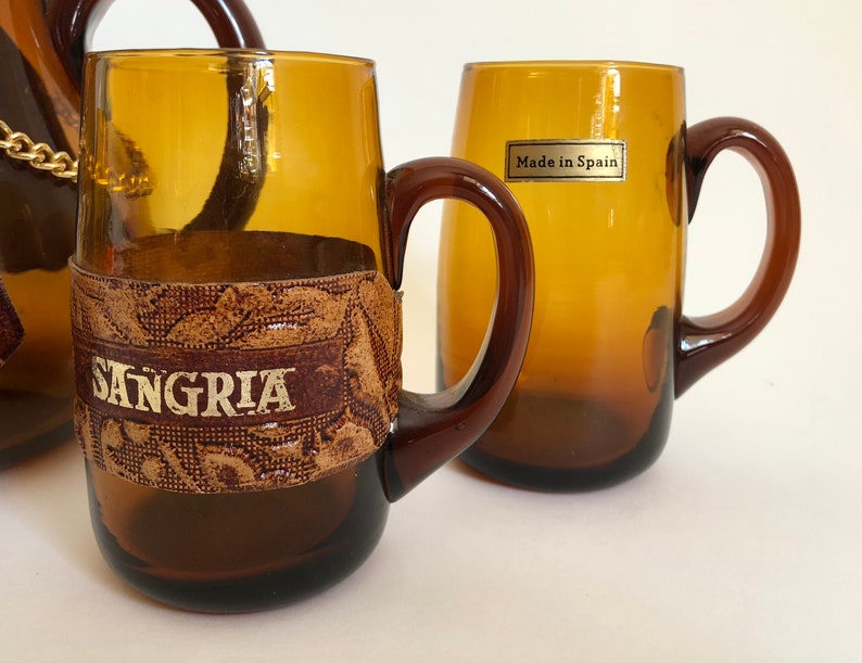 Sale Vintage 1970/'s Spanish Amber Glass /& Wood Sangria Pitcher and Glass Set Made in Spain Vintage Barware