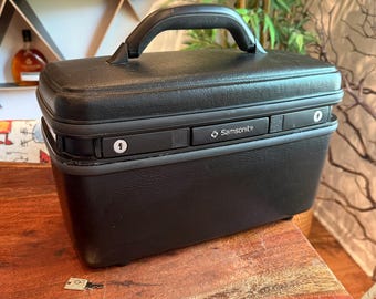 Vintage Jet Black Samsonite Silhouette Schminkkoffer mit Schloss Schlüssel & Abnehmbares Make-Up Tablett mit Spiegel und Reißverschluss-Tasche kleines Gepäck