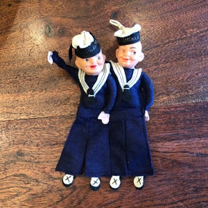 Set of 2 Vintage 1940&#39;s Holland-America Line Cruise Ship Celluloid & Felt Doll Ornaments - 1940&#39;s Holland America Line Souvenir Doll