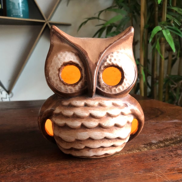 Vintage 1970's  Brown Ceramic Owl Votive / Tea Light Candle Luminary - Vintage Cabin Decor - Vintage Halloween Decoration