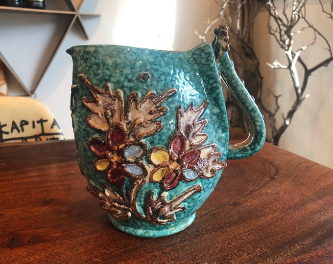 Mid Century Italian Pottery Hand Painted Pitcher With Floral Relief ...