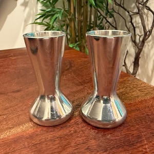 Set of 2 Vintage c. 2003 NAMBE Miniature Candleholders - # 6255 - Modernist Silver Aluminum Mini Vase Candle Holder