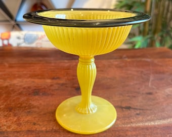 Antique 1930s Art Deco Czech Yellow & Black Glass Pedestal Candy Dish - Vintage 30s Compote Nut Bowl Made in Czechoslovakia Czechoslovakian