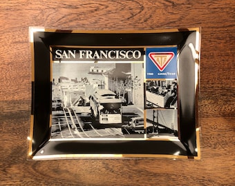 Vintage c. 1980 San Francisco Goodyear Commemorative Glass Ashtray - Trolley Car - The Golden Gate Bridge